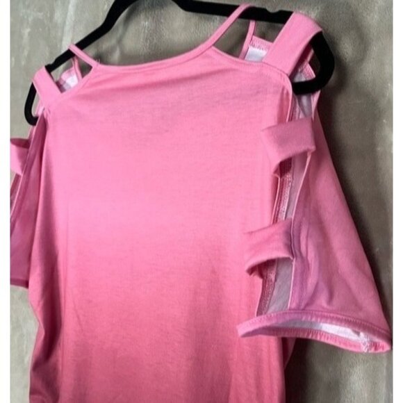 Womens V Neck Short Sleeve Cold Shoulder Cutouts Shirt Light Rose Burgundy, Wine - Picture 12 of 16